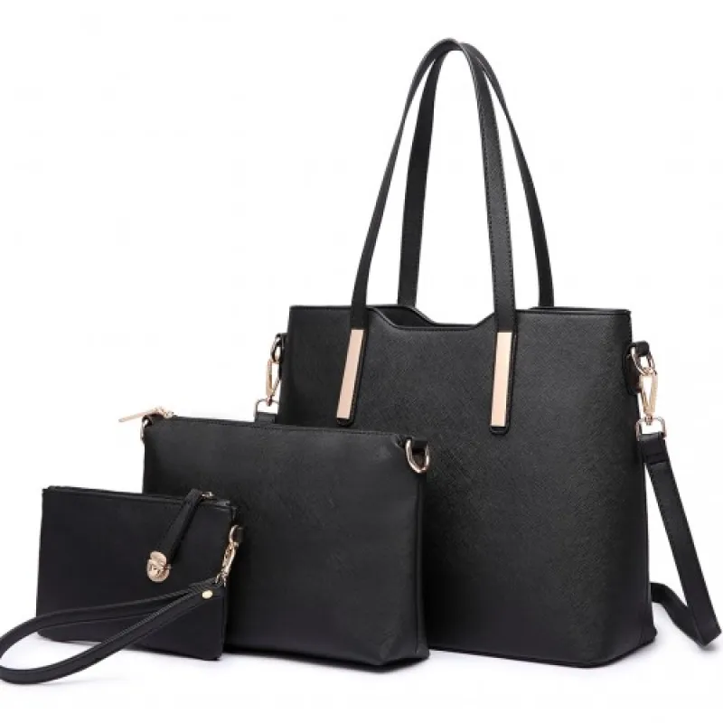 LT6648 - Miss Lulu Three Piece Tote Shoulder Bag And Clutch - Black sold by Beagle Boutique