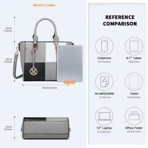 LG2214 - Miss Lulu Muti-Colour Combination Handbag Tote Bag - Grey sold by Beagle Boutique product image thumbnail 4