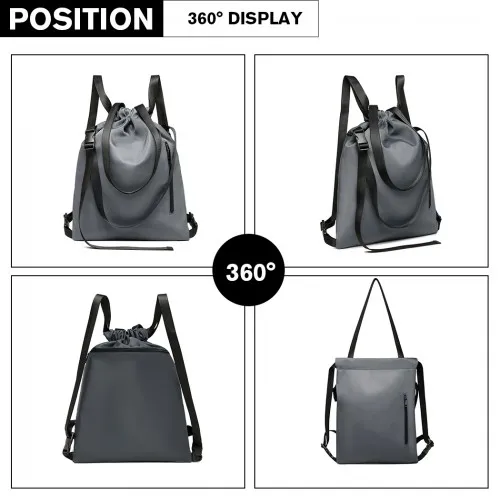 E6912 - Kono Nylon Multi Way Drawstring Backpack Shoulder Bag - Grey sold by Beagle Boutique product image thumbnail 3
