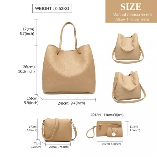 LB1937 - MISS LULU 4 PIECE SET SHOULDER TOTE HANDBAG - BEIGE sold by Beagle Boutique product image thumbnail 4