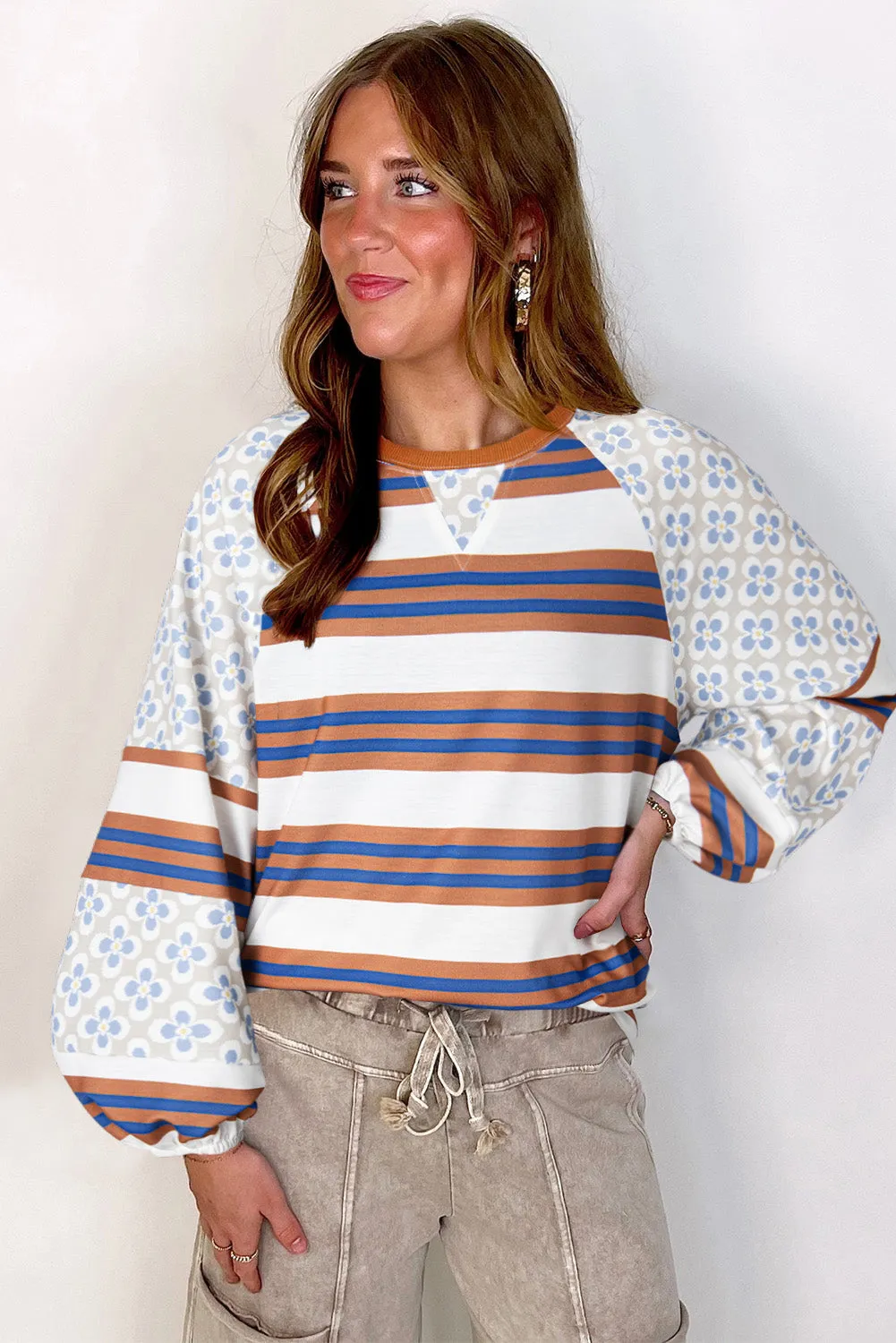 White Striped Floral Printed Patchwork Lantern Sleeve Blouse sold by Beagle Boutique product image thumbnail 3