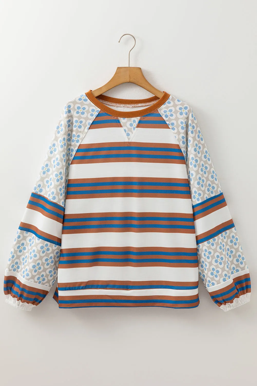 White Striped Floral Printed Patchwork Lantern Sleeve Blouse sold by Beagle Boutique product image thumbnail 5