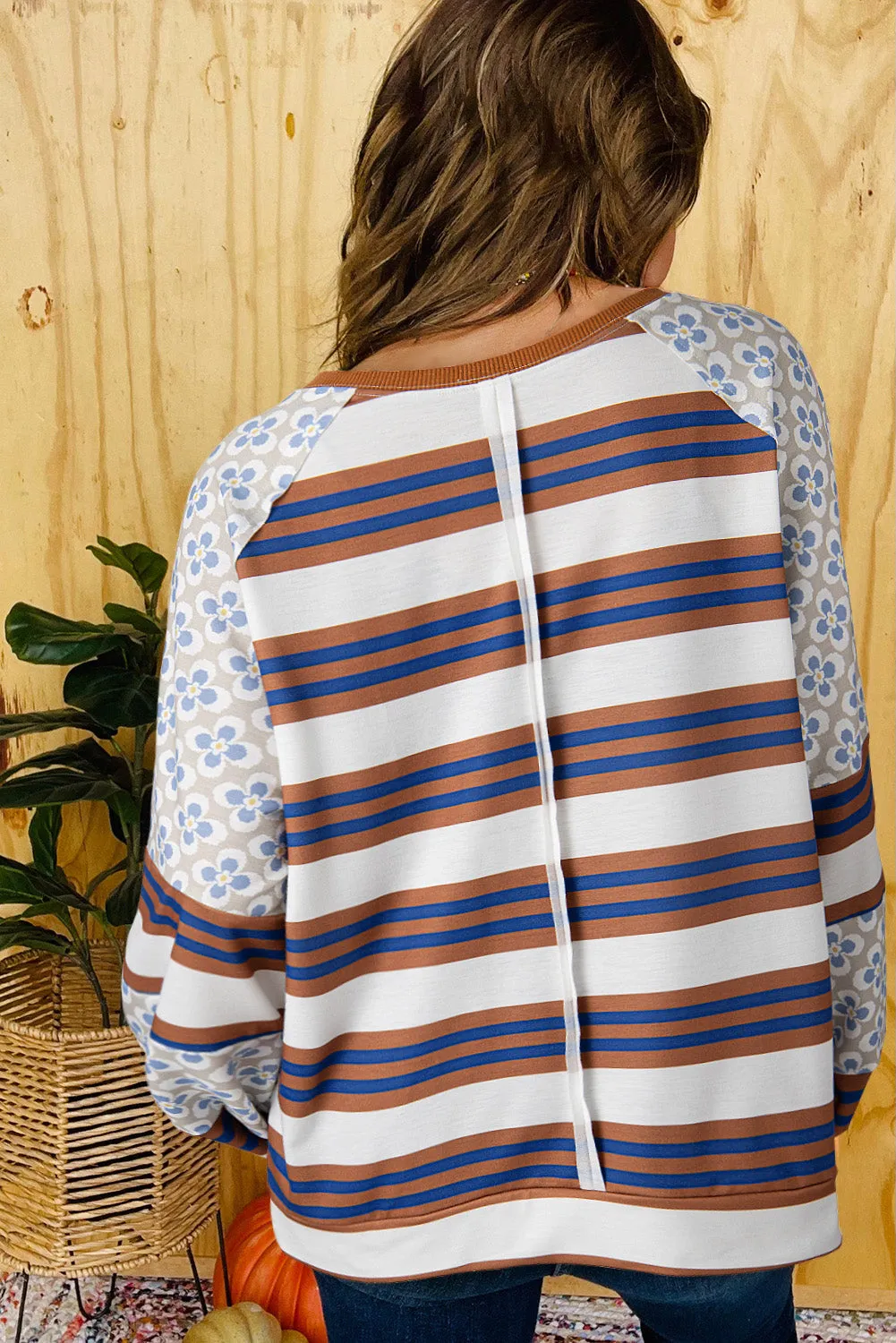 White Striped Floral Printed Patchwork Lantern Sleeve Blouse sold by Beagle Boutique product image thumbnail 4