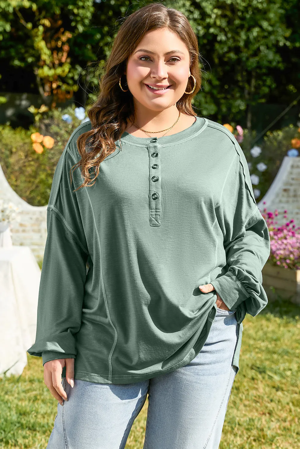 Seagrass Plus Size Exposed Seam Drop Shoulder Henley Top sold by Beagle Boutique product image thumbnail 5
