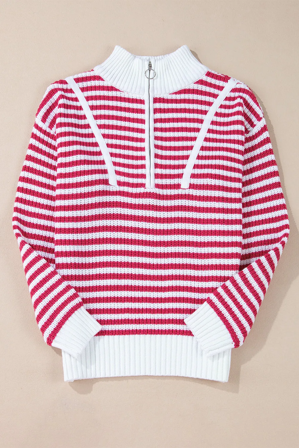 Pink Stripe Zip up Collar Drop Shoulder Sweater sold by Beagle Boutique product image thumbnail 3