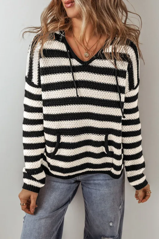 White Stripe V Neck Pocketed Drawstring Hooded Sweater sold by Beagle Boutique
