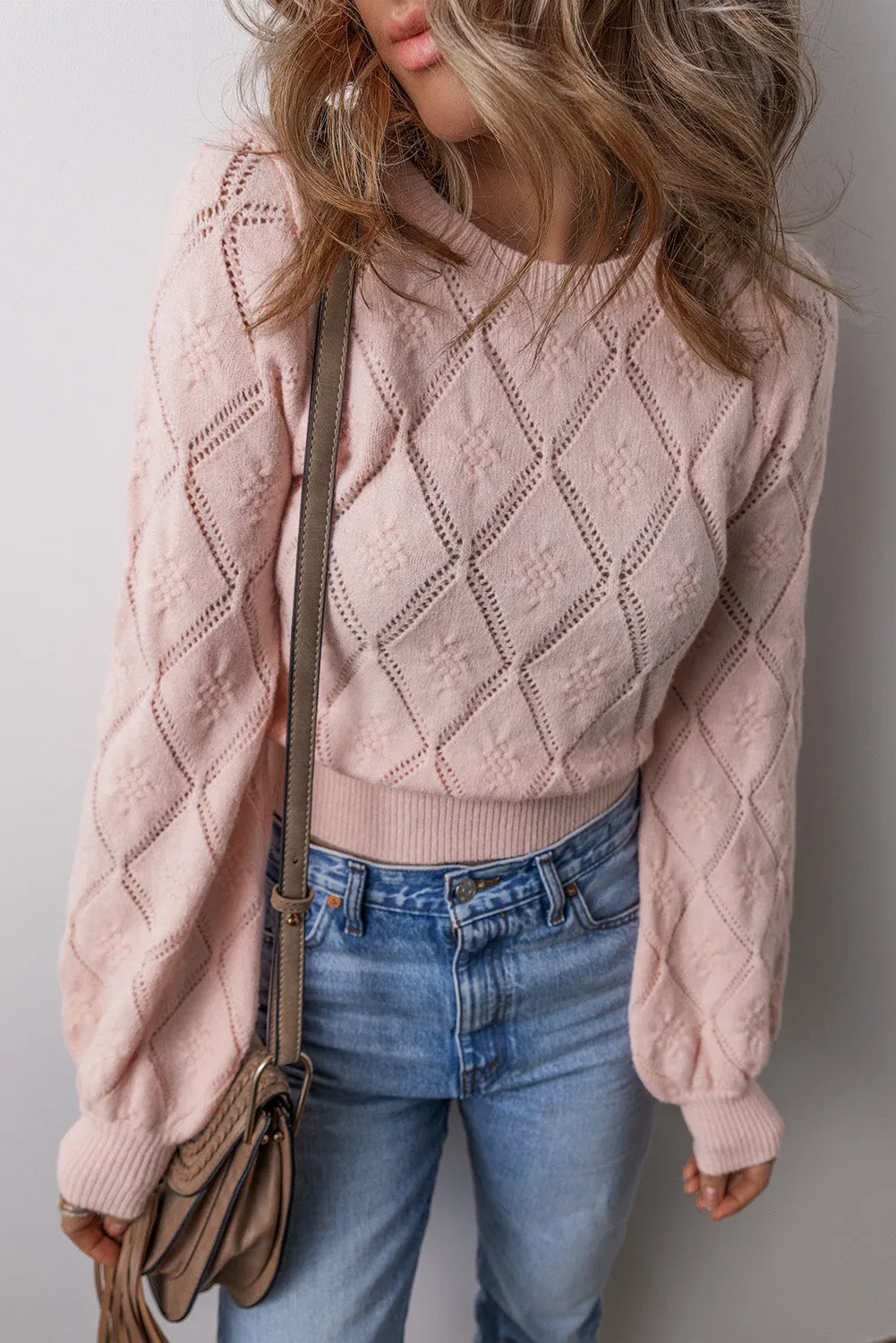 Gossamer Pink Openwork Plaid Puff Sleeve Cropped Sweater sold by Beagle Boutique product image thumbnail 3