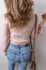 Gossamer Pink Openwork Plaid Puff Sleeve Cropped Sweater sold by Beagle Boutique