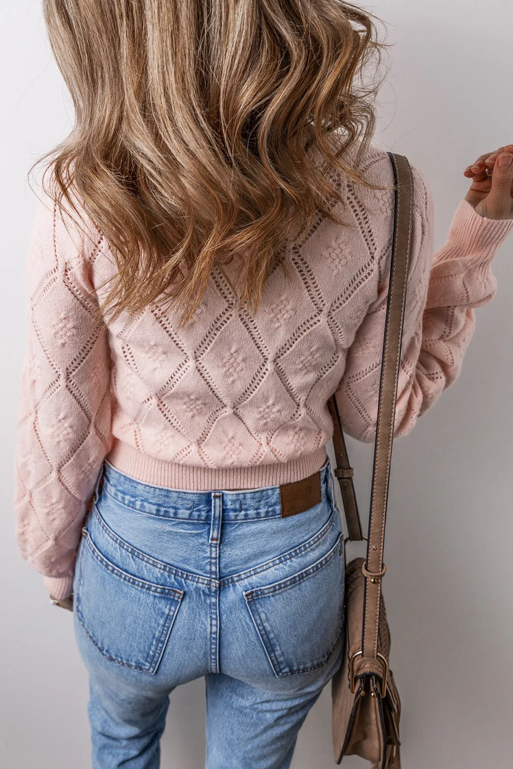 Gossamer Pink Openwork Plaid Puff Sleeve Cropped Sweater sold by Beagle Boutique product image thumbnail 2
