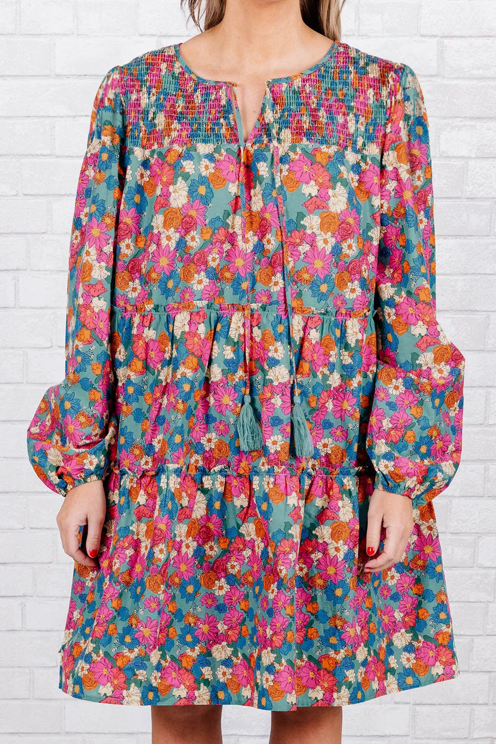 Sky Blue Plus Size Floral Print Shirred Ruffle Tiered Mini Dress sold by Beagle Boutique product image thumbnail 3