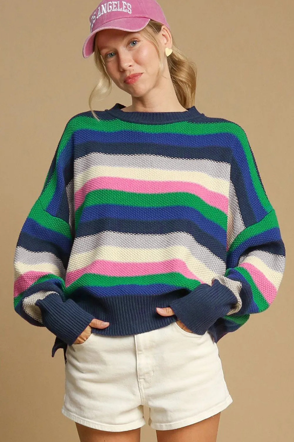 Bright Green Rainbow Striped Crew Neck Drop Shoulder Sweater sold by Beagle Boutique product image thumbnail 2