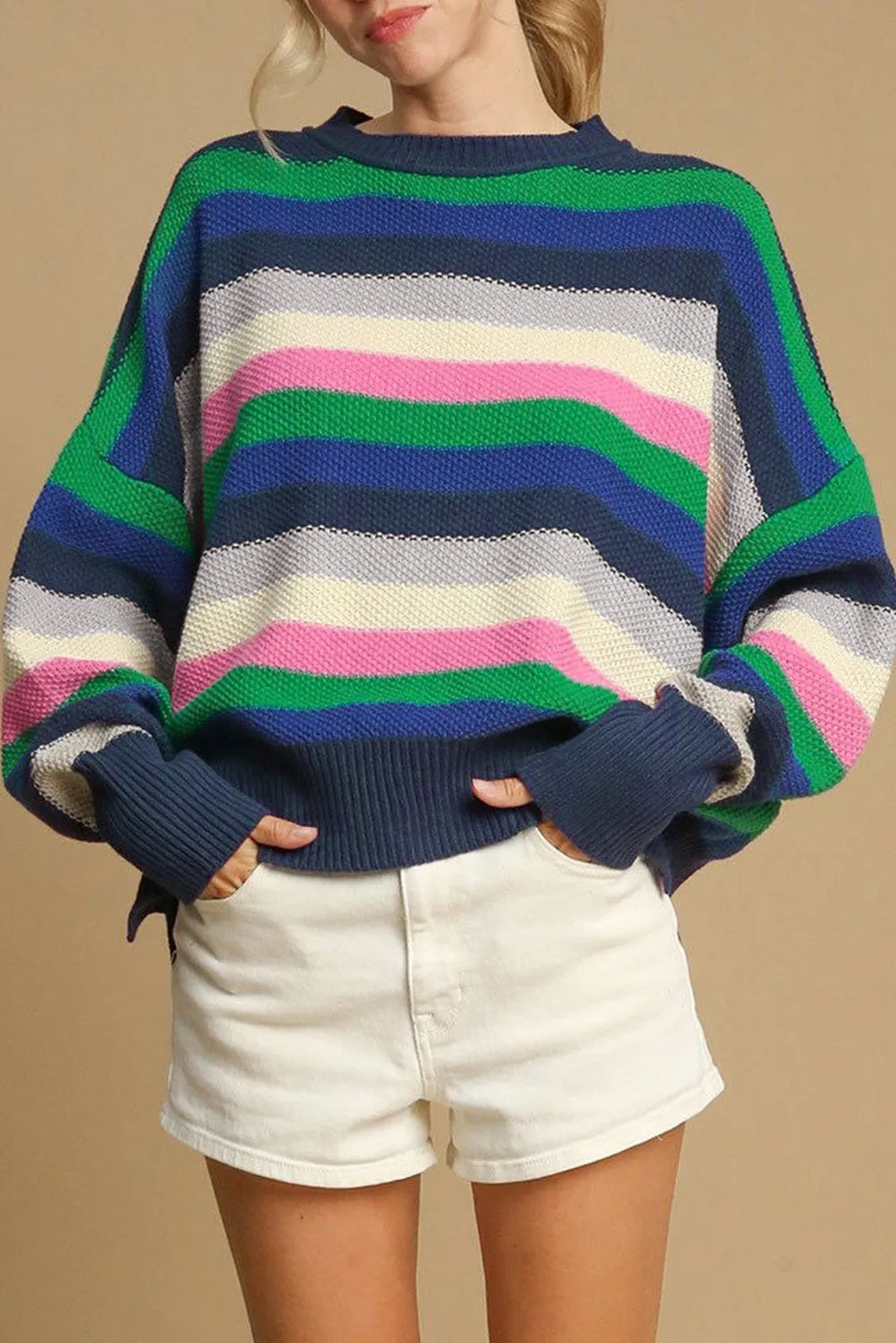 Bright Green Rainbow Striped Crew Neck Drop Shoulder Sweater sold by Beagle Boutique