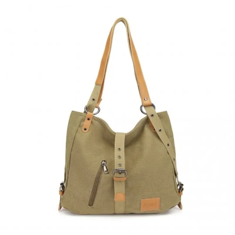E6850 - Kono Canvas Hobo Slouch Shoulder Bag and Backpack - Khaki sold by Beagle Boutique