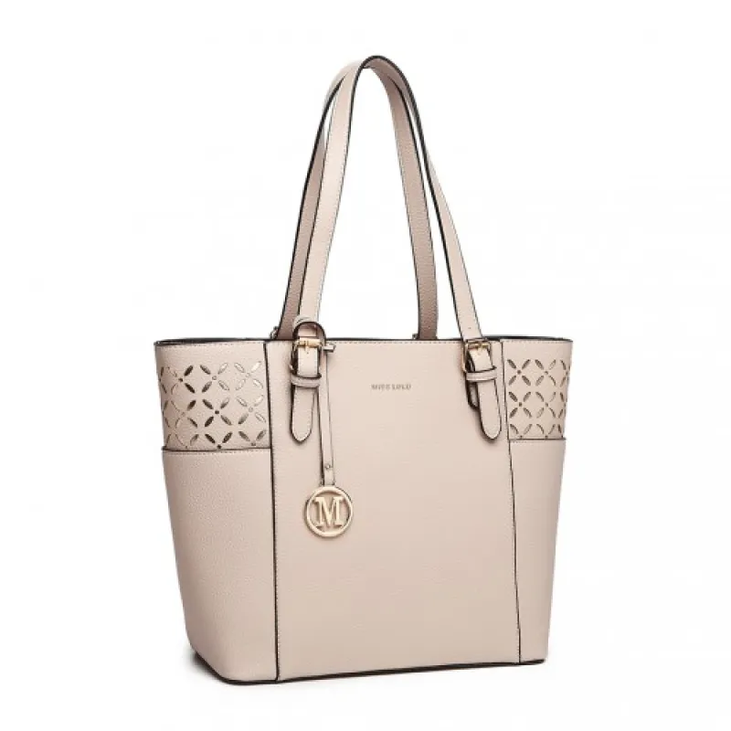 LG1943 - MISS LULU LASER CUT OUT TOTE SHOPPER BAG - BEIGE sold by Beagle Boutique