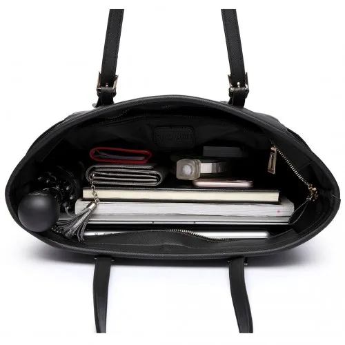 LM1642-1 - Miss Lulu Faux Leather Adjustable Handle Tote Bag - Black sold by Beagle Boutique product image thumbnail 5