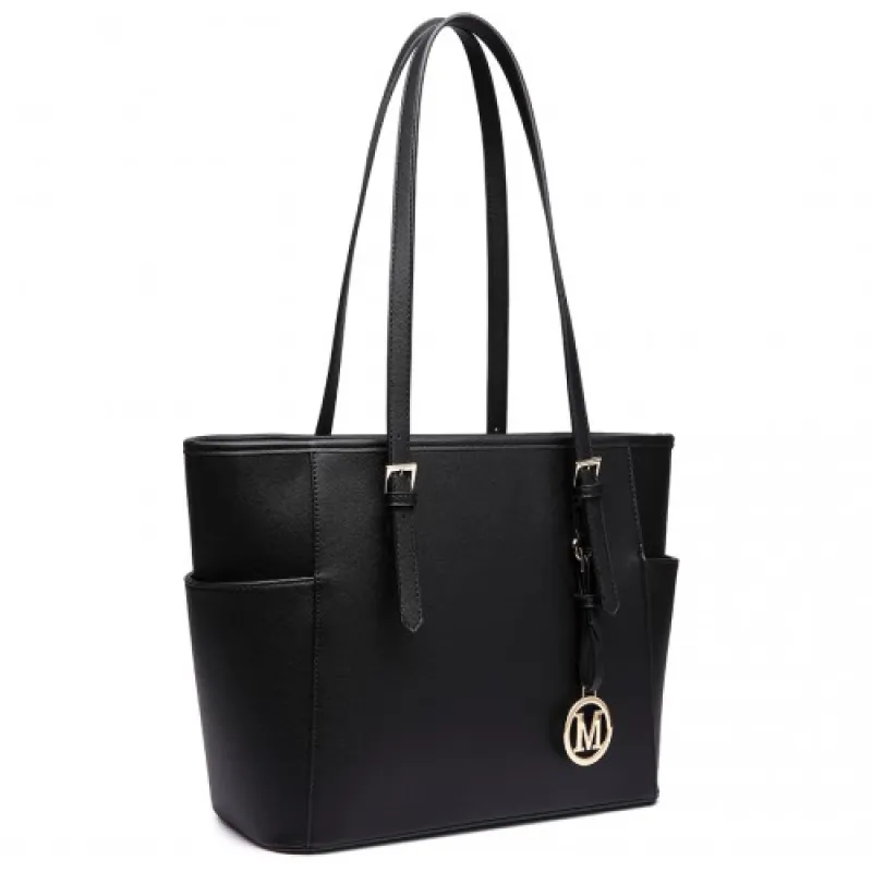 LM1642-1 - Miss Lulu Faux Leather Adjustable Handle Tote Bag - Black sold by Beagle Boutique
