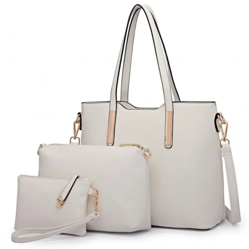 LT6648 - Miss Lulu Three Piece Tote Shoulder Bag And Clutch - White sold by Beagle Boutique