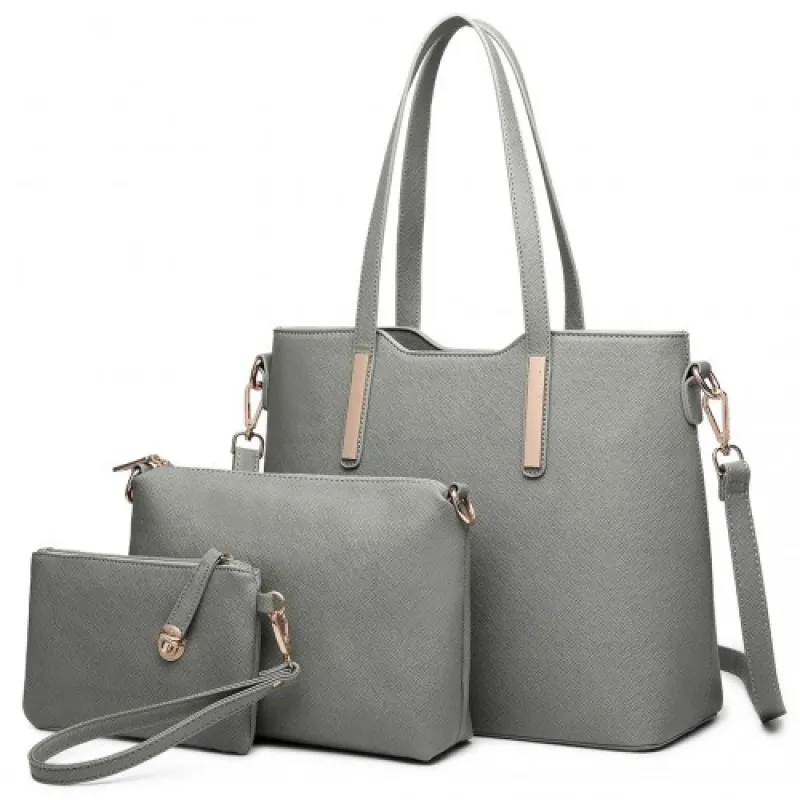 LT6648 - Miss Lulu Three Piece Tote Shoulder Bag And Clutch - Dark Grey sold by Beagle Boutique