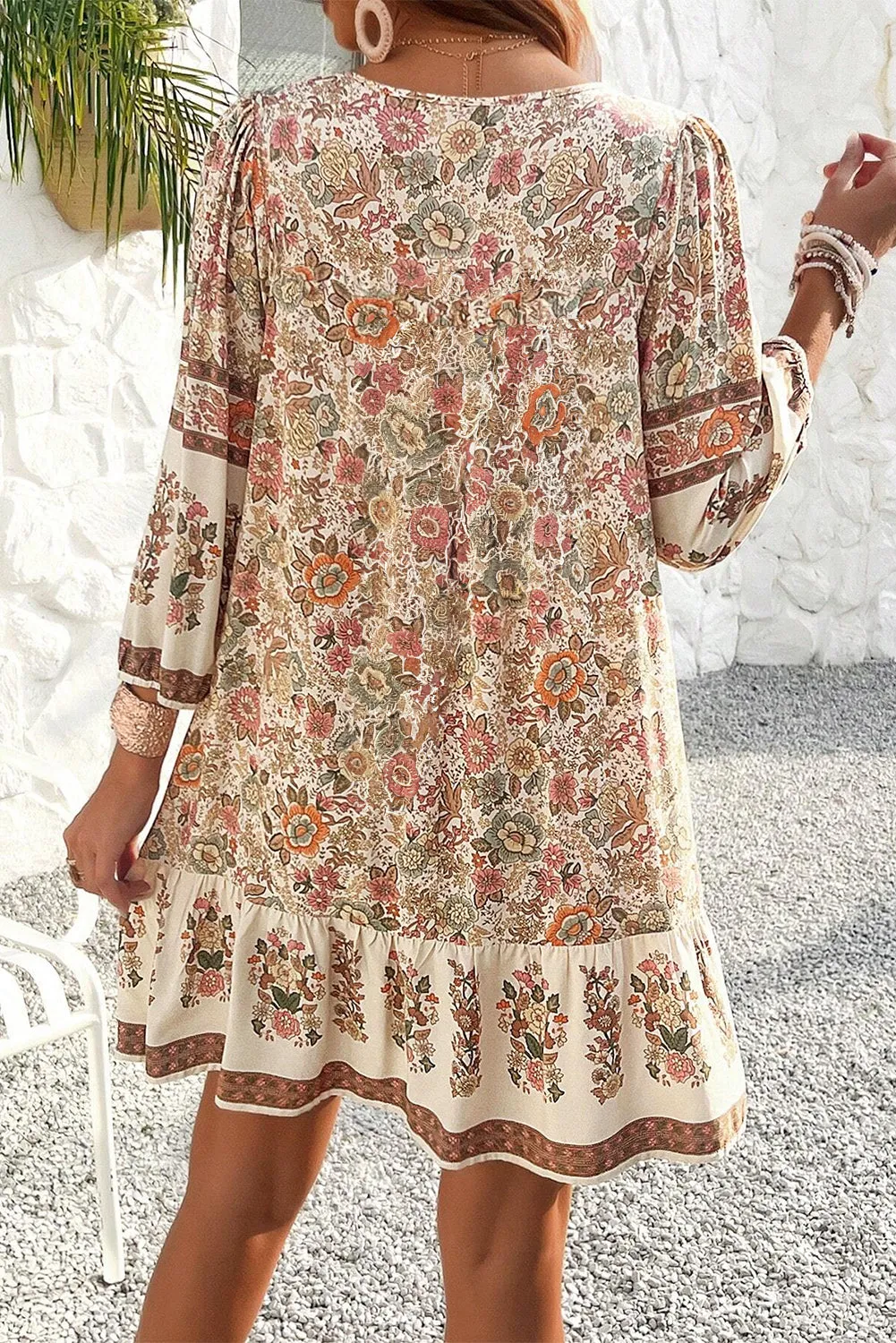 Apricot Floral Print Tassel Drawstring V Neck Loose Mini Dress sold by Beagle Boutique product image thumbnail 2