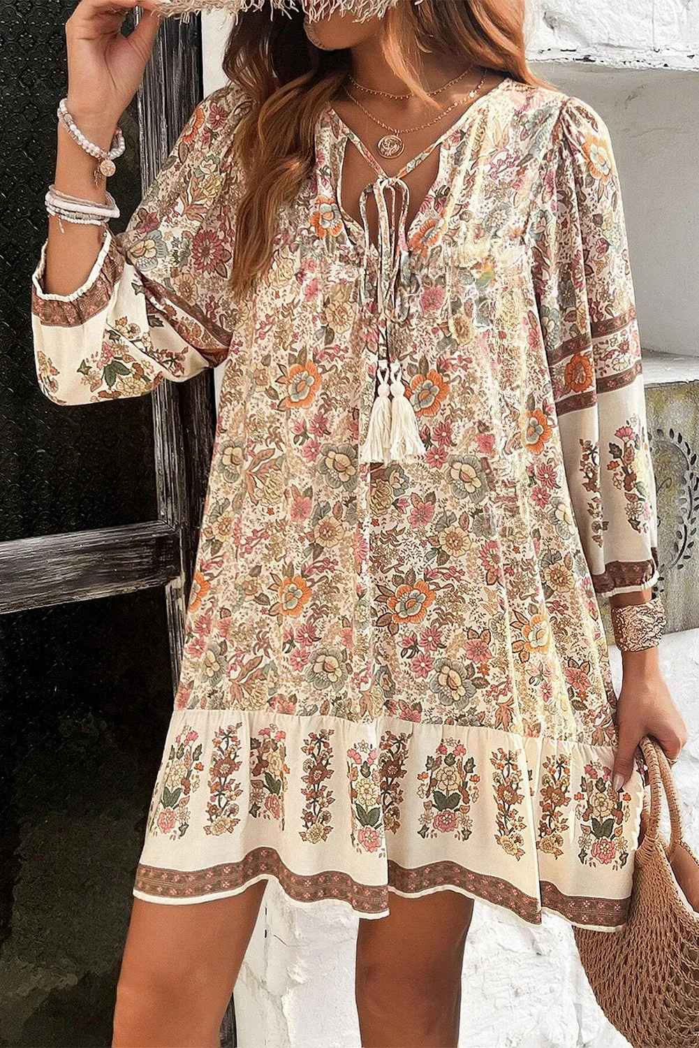 Apricot Floral Print Tassel Drawstring V Neck Loose Mini Dress sold by Beagle Boutique