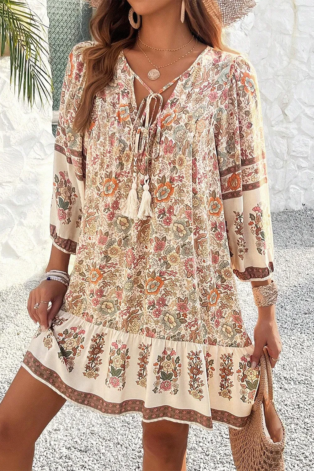 Apricot Floral Print Tassel Drawstring V Neck Loose Mini Dress sold by Beagle Boutique product image thumbnail 3