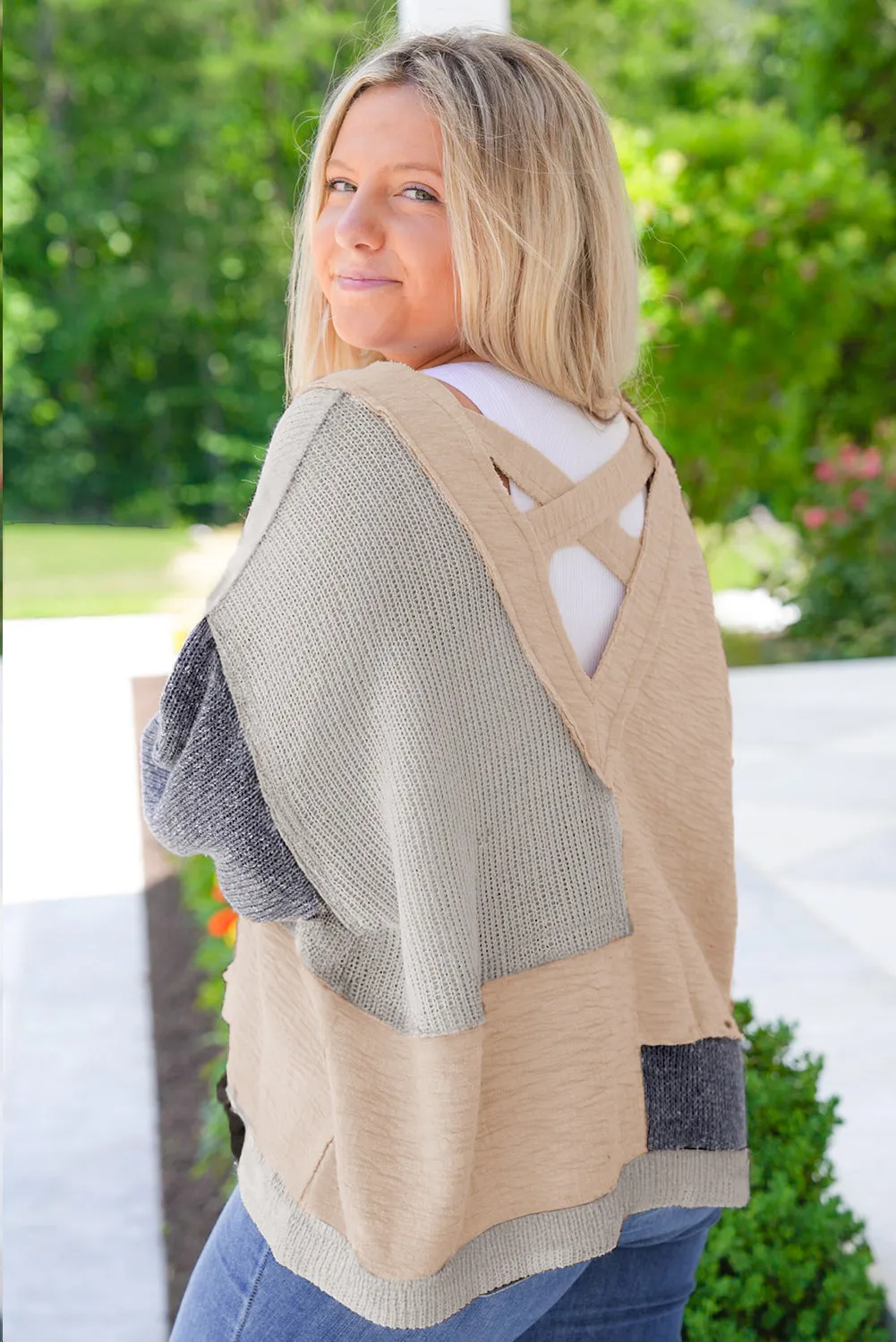 Ashleigh Blue Plus Size Textured Colourblock Patchwork V Neck Top sold by Beagle Boutique product image thumbnail 2