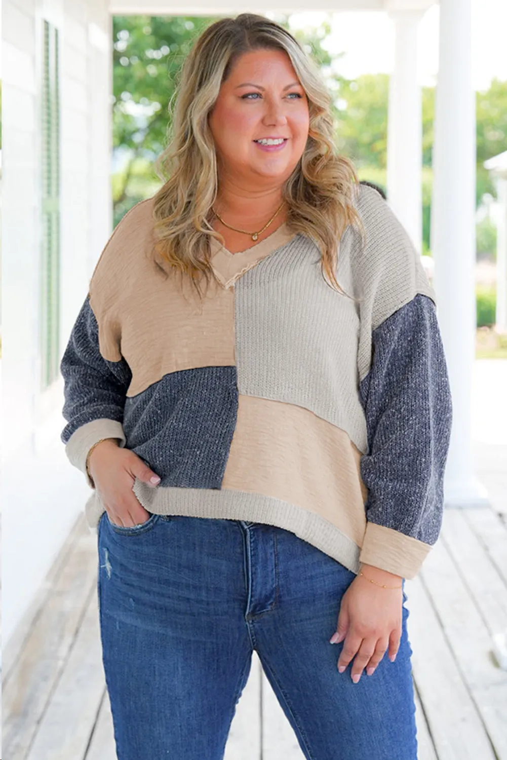 Ashleigh Blue Plus Size Textured Colourblock Patchwork V Neck Top sold by Beagle Boutique product image thumbnail 3