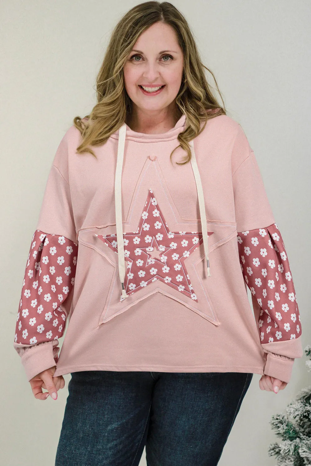 Delicacy Star Patch Graphic Floral Colour Block Drawstring Plus Size Hoodie sold by Beagle Boutique product image thumbnail 2