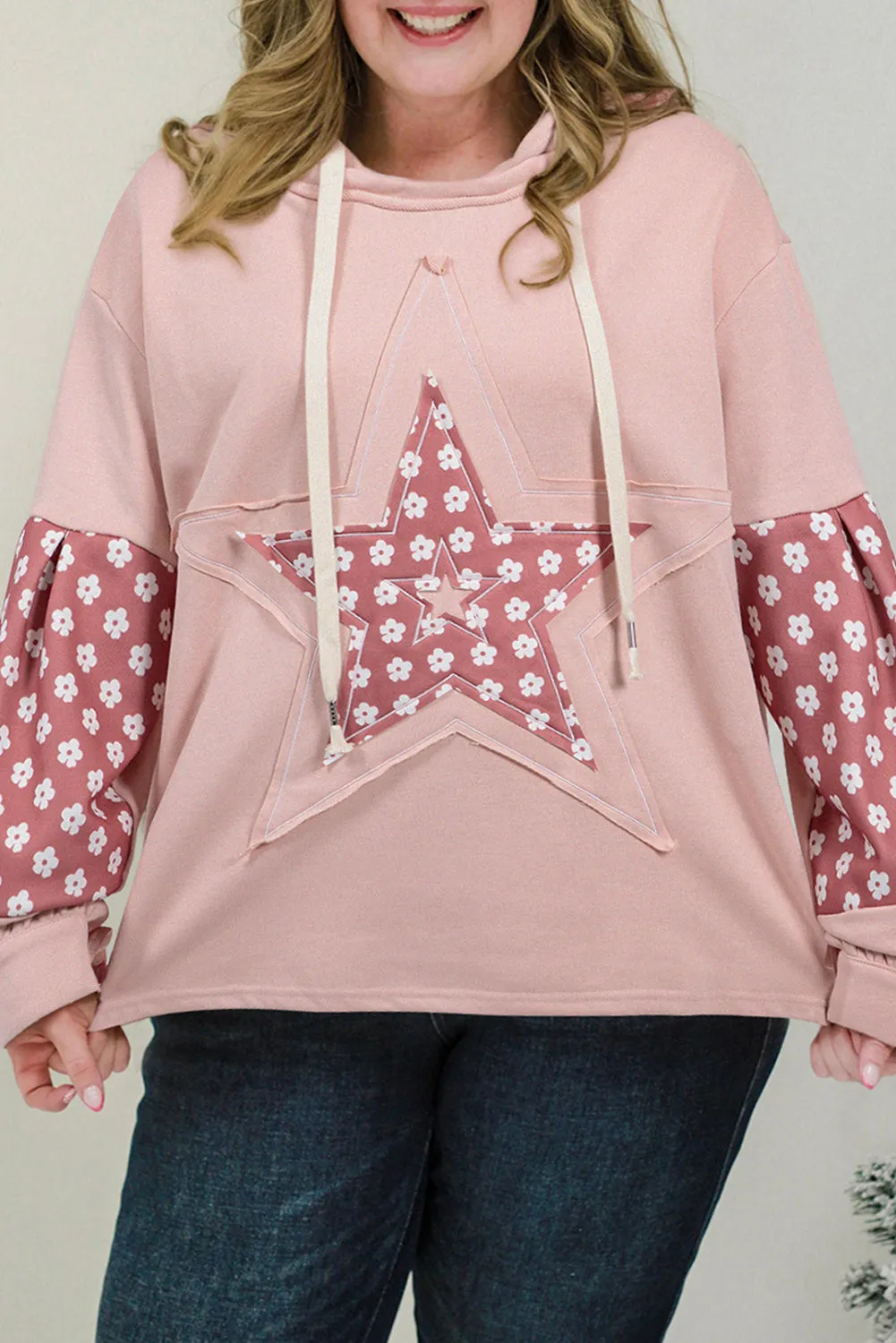 Delicacy Star Patch Graphic Floral Colour Block Drawstring Plus Size Hoodie sold by Beagle Boutique
