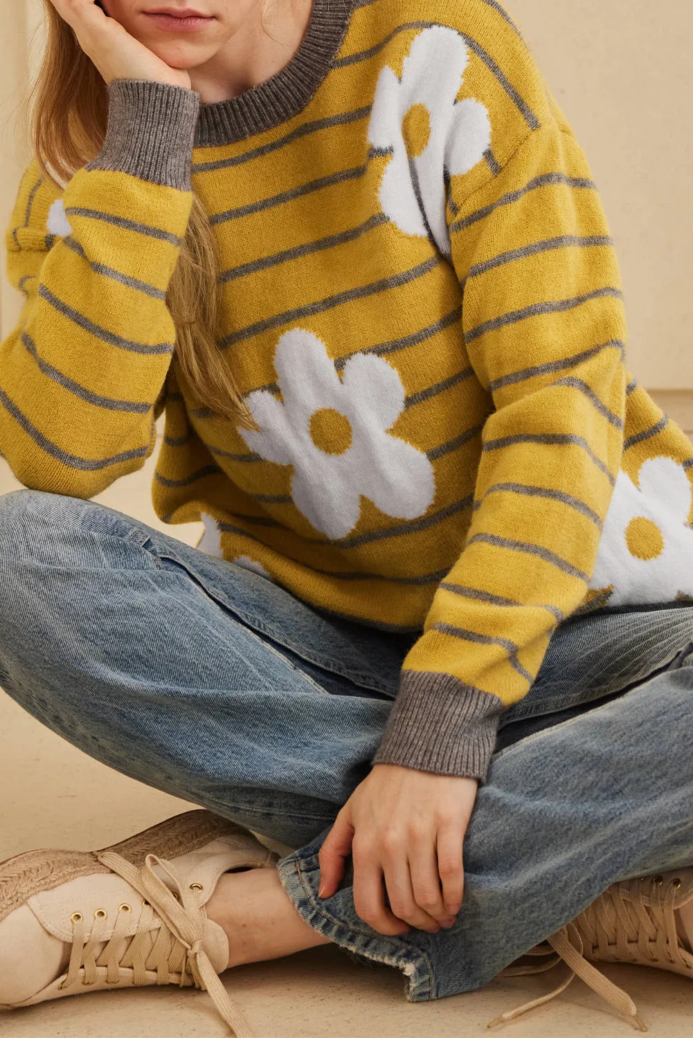 Yellow Stripe Daisy Floral Knitted Round Neck Sweater sold by Beagle Boutique