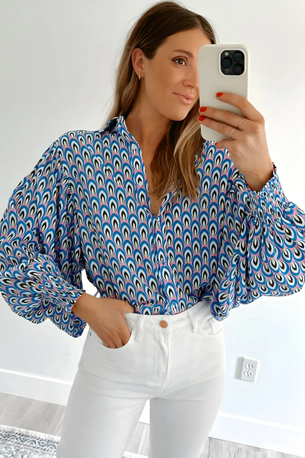 Sky Blue Abstract Print Shirred Cuff Buttoned Oversized Shirt sold by Beagle Boutique product image thumbnail 3