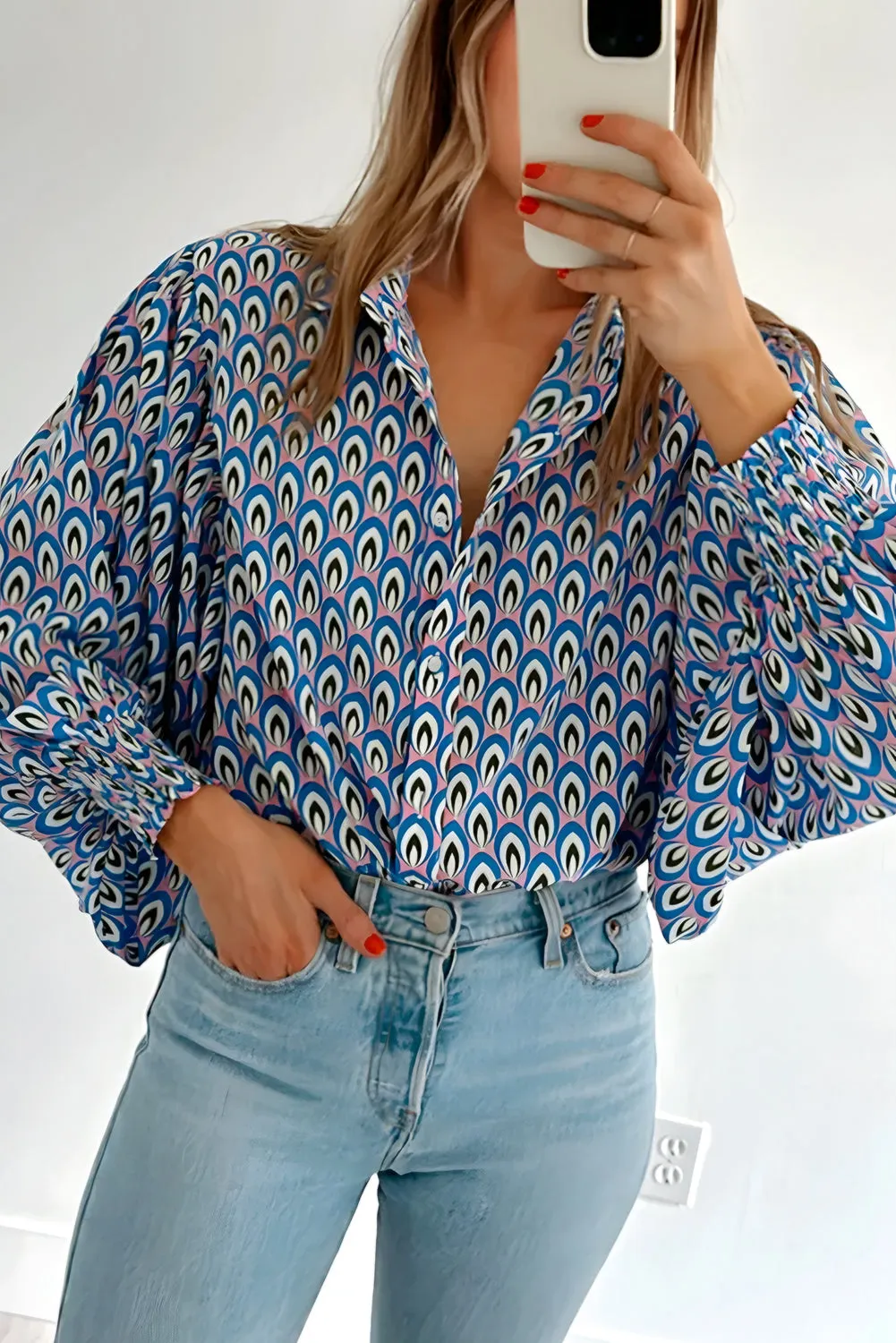 Sky Blue Abstract Print Shirred Cuff Buttoned Oversized Shirt sold by Beagle Boutique product image thumbnail 2