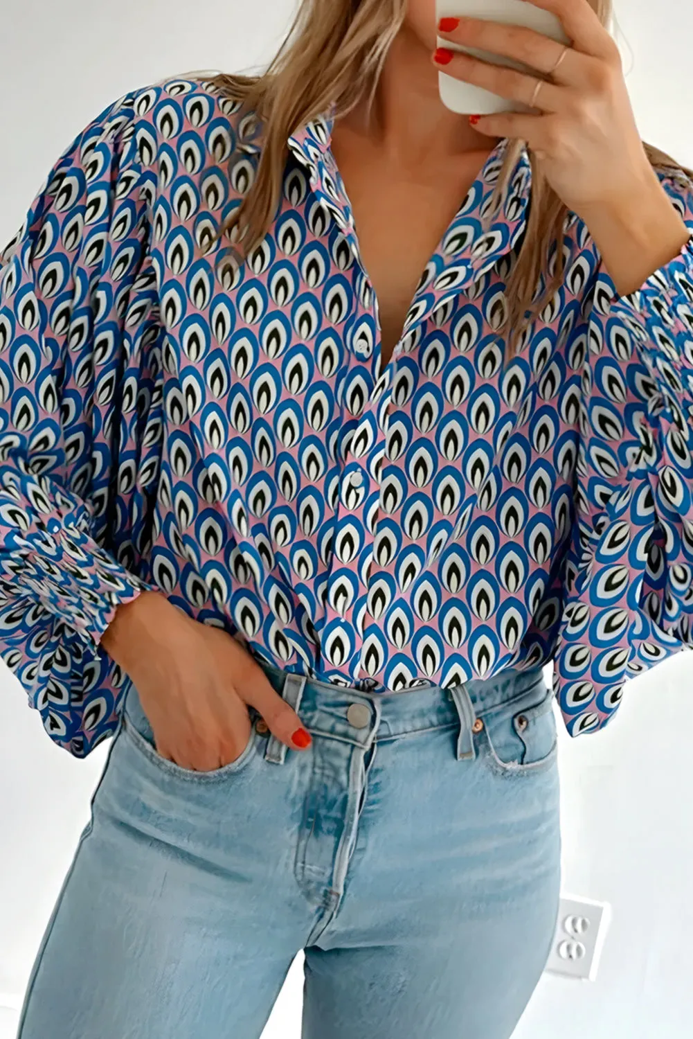 Sky Blue Abstract Print Shirred Cuff Buttoned Oversized Shirt sold by Beagle Boutique