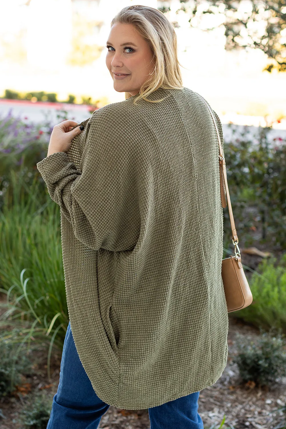 Seagrass Waffle Knit Drop Shoulder Open Front Pocketed Plus Size Cardigan sold by Beagle Boutique product image thumbnail 2