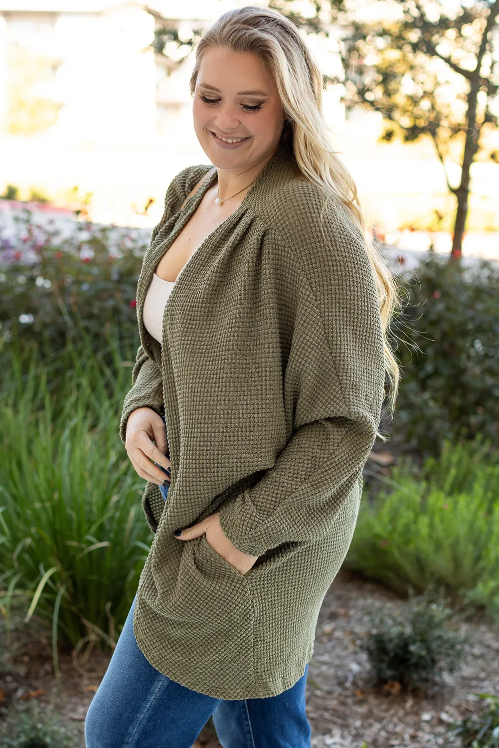 Seagrass Waffle Knit Drop Shoulder Open Front Pocketed Plus Size Cardigan sold by Beagle Boutique product image thumbnail 3