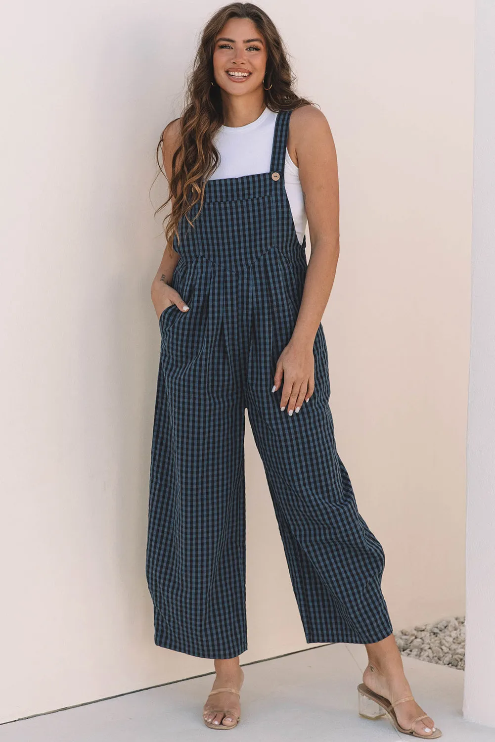 Sail Blue Plaid Print Buttoned Pocketed High Waist Overall sold by Beagle Boutique product image thumbnail 4