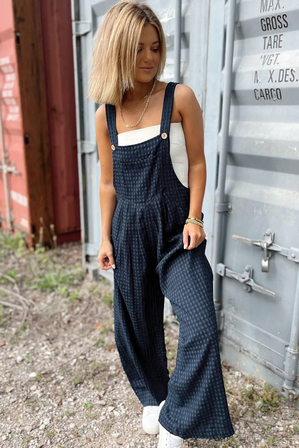 Sail Blue Plaid Print Buttoned Pocketed High Waist Overall sold by Beagle Boutique product image thumbnail 3