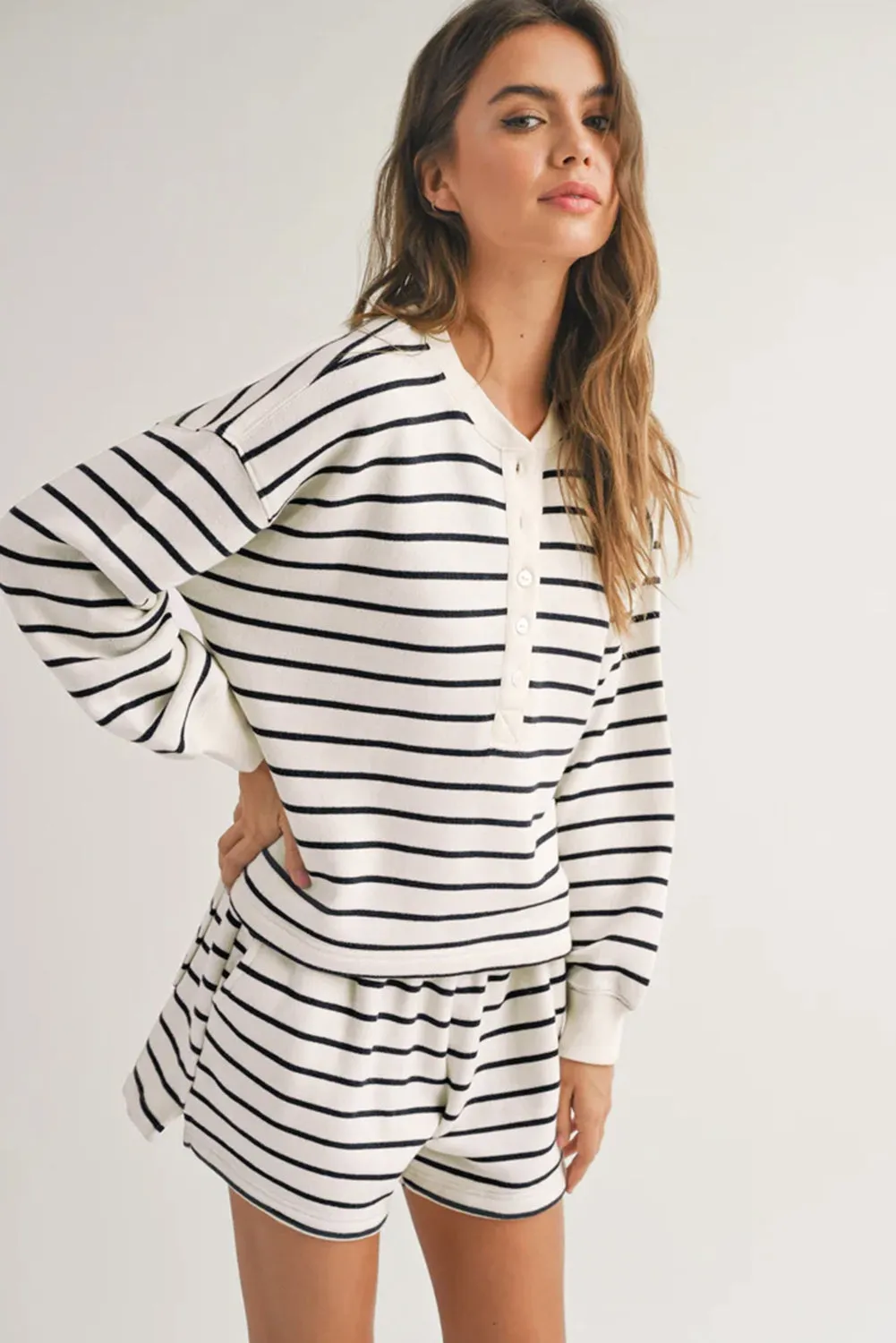 Black white Stripes Printed Half Button Long Sleeve Top and Shorts Set sold by Beagle Boutique product image thumbnail 3