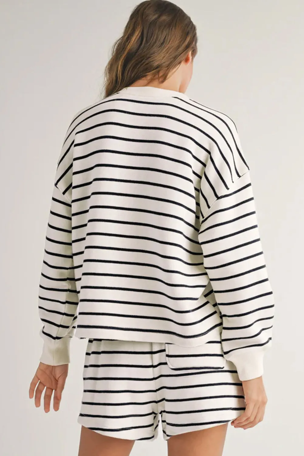 Black white Stripes Printed Half Button Long Sleeve Top and Shorts Set sold by Beagle Boutique product image thumbnail 2