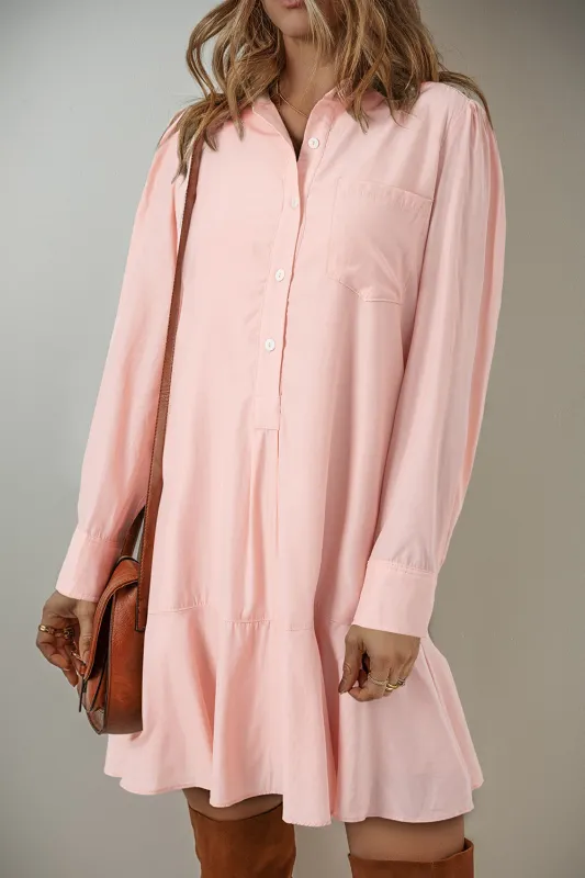Delicacy Solid Color Flounce Hem Buttoned Turn Down Collar Dress sold by Beagle Boutique