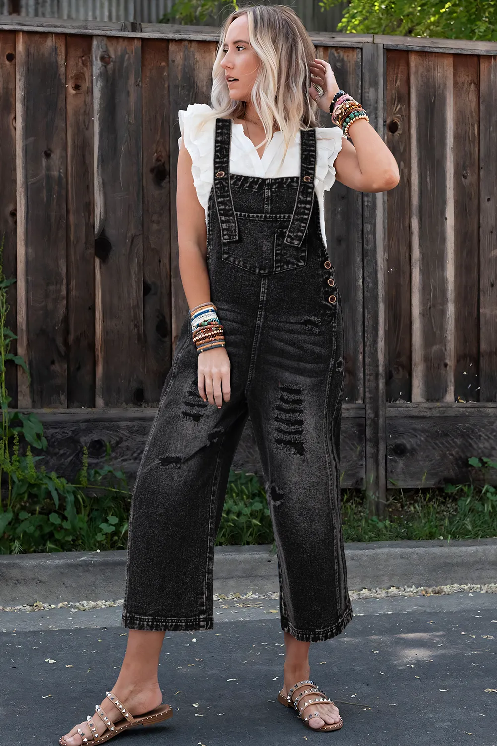 Black Distressed Wide Leg Denim Dungarees sold by Beagle Boutique product image thumbnail 3