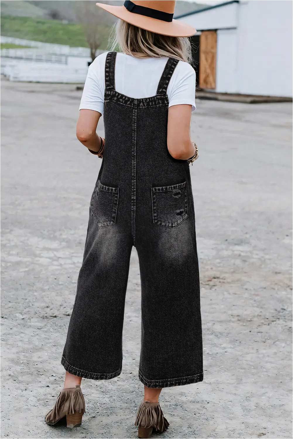 Black Distressed Wide Leg Denim Dungarees sold by Beagle Boutique product image thumbnail 2