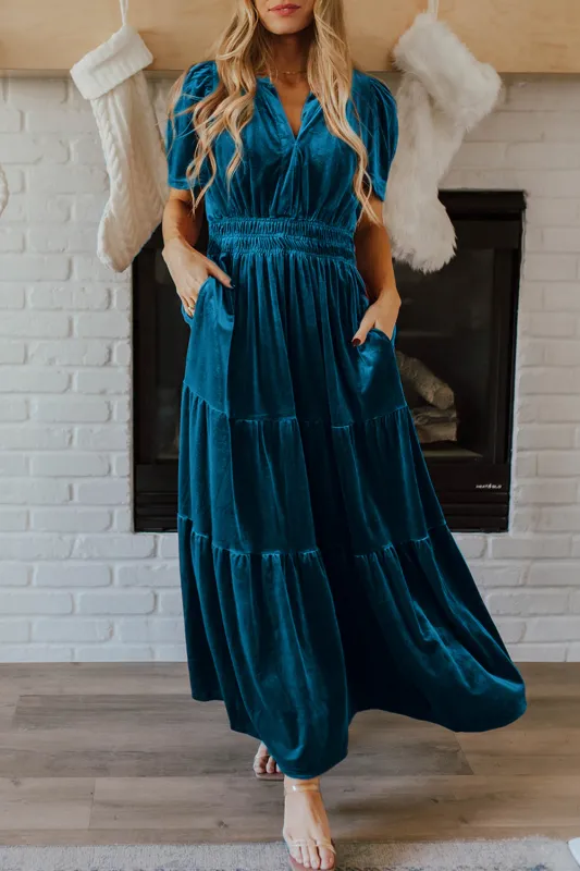 Prussian Blue Velvet Short Sleeve Shirred Waist Tiered Maxi Dress sold by Beagle Boutique