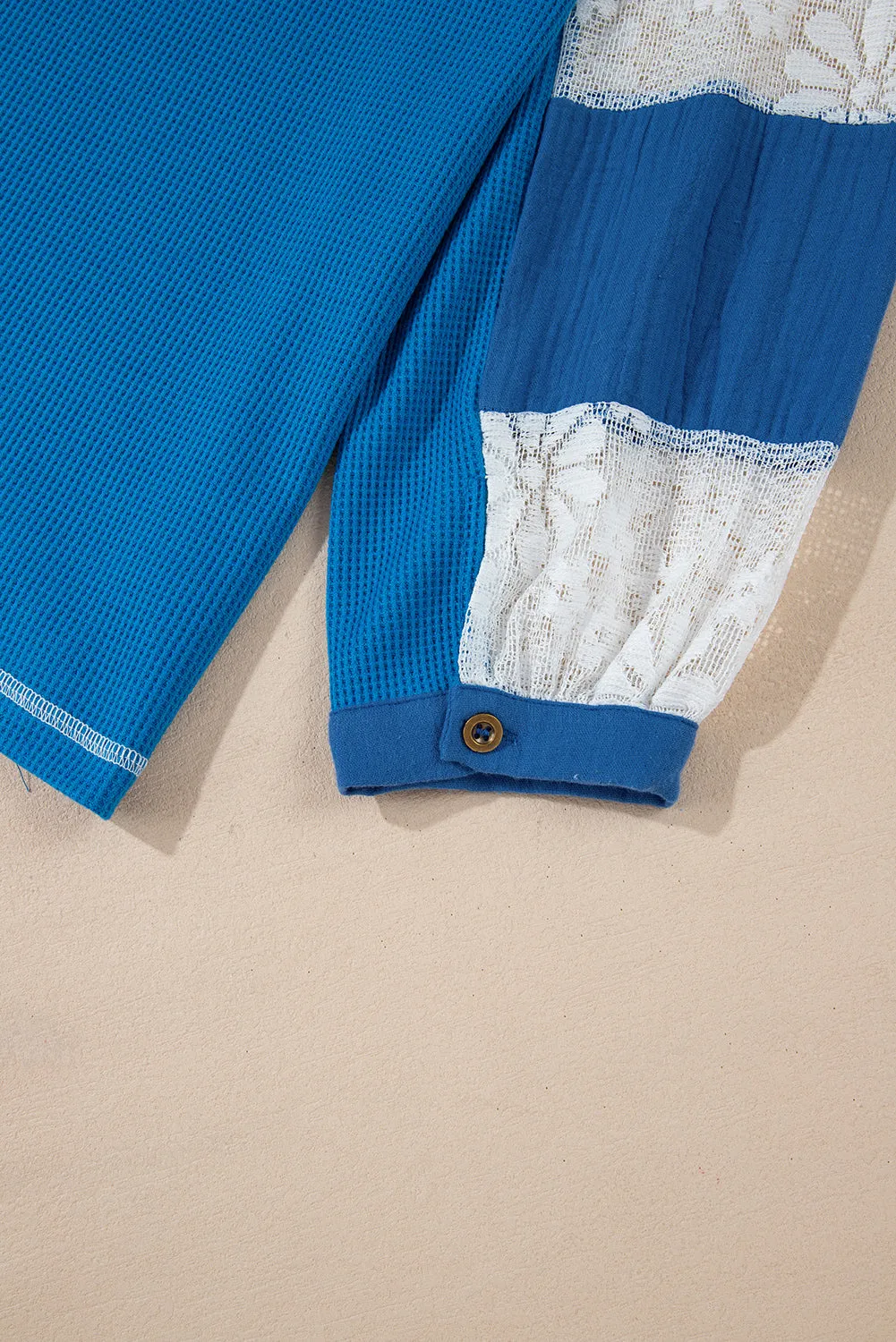 Sky Blue Lace Floral Patchwork Sleeve Stitching V Neck Rib Knit Blouse sold by Beagle Boutique product image thumbnail 5