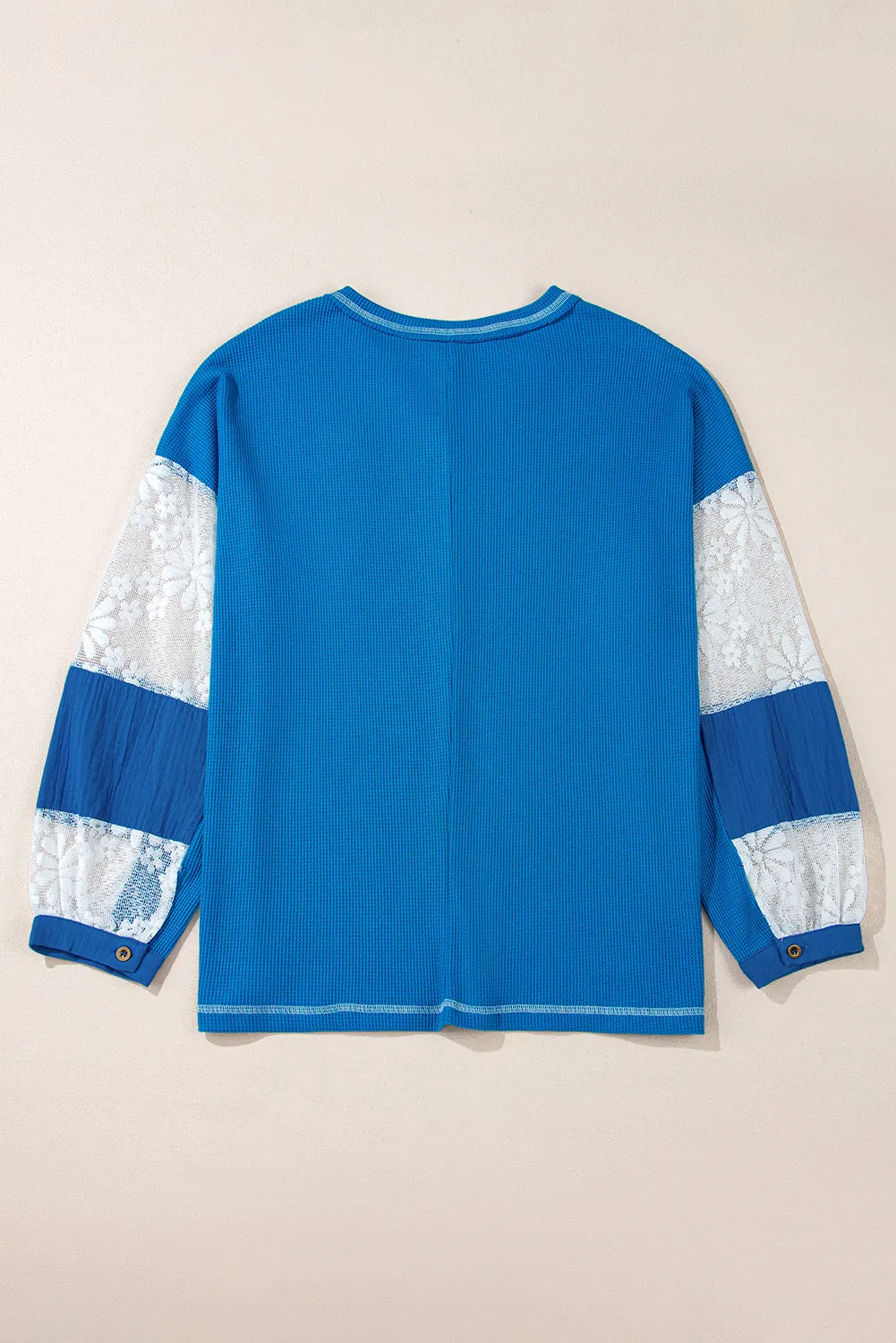 Sky Blue Lace Floral Patchwork Sleeve Stitching V Neck Rib Knit Blouse sold by Beagle Boutique product image thumbnail 3