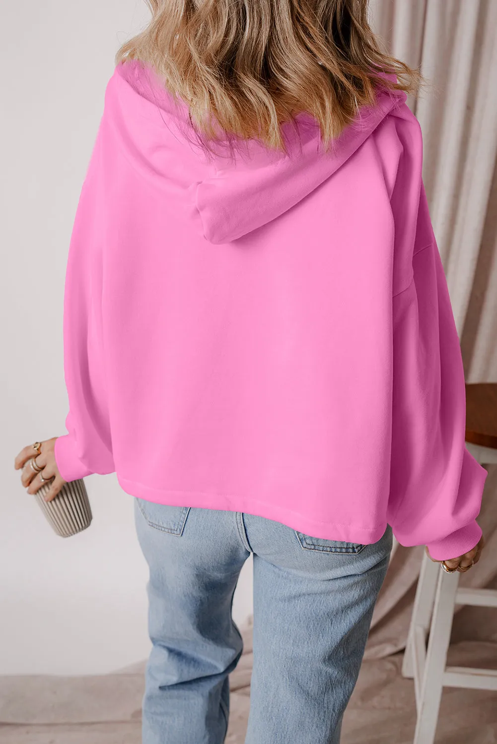 Pink Fleece Lined Half Zipper Kangaroo Pockets Loose Hoodie sold by Beagle Boutique product image thumbnail 2