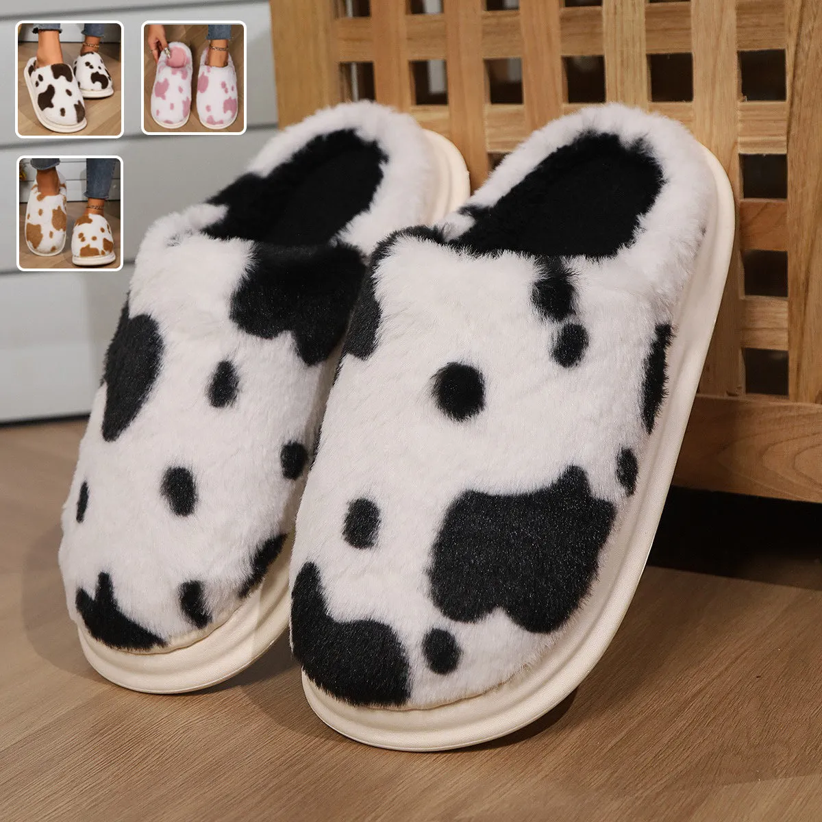 Cow Spotted Plush Slippers sold by Beagle Boutique