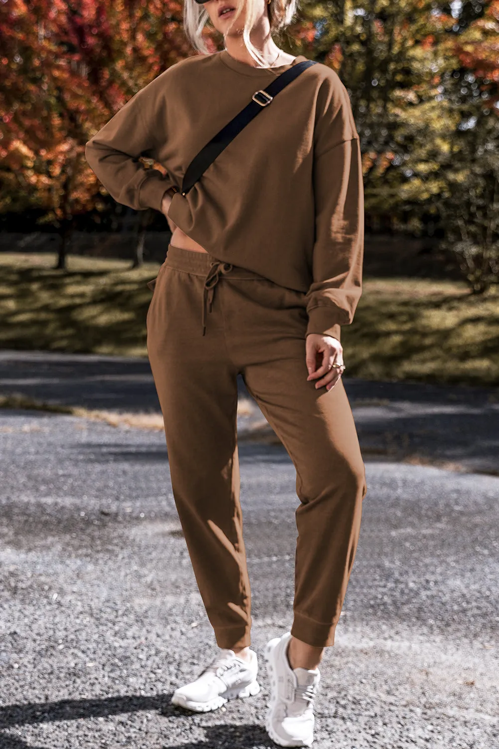 Coffee Solid Colour High Low Pullover and Skinny Trousers Set sold by Beagle Boutique product image thumbnail 3