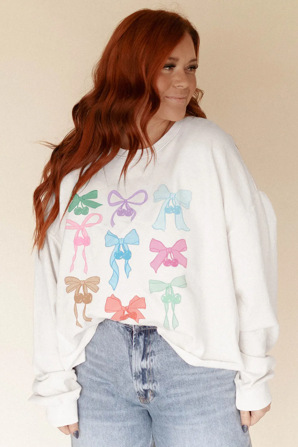White Bowknot Pattern Drop Shoulder Loose Sweatshirt sold by Beagle Boutique product image thumbnail 2