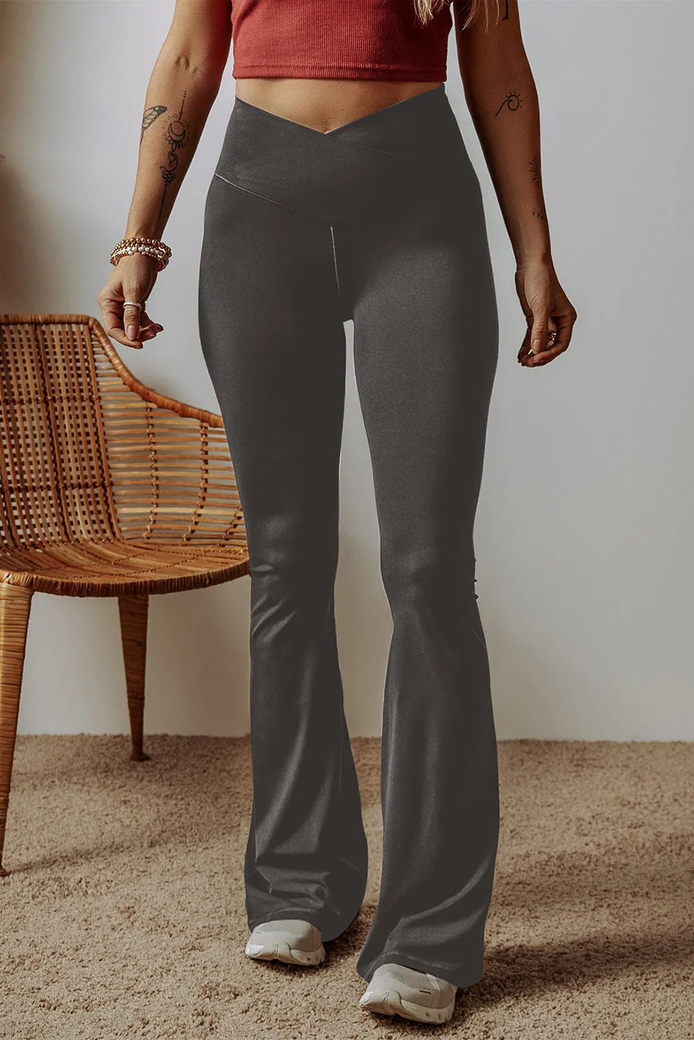 Dark Grey V Shape High Waist Flared Leggings sold by Beagle Boutique